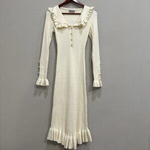 Lichi Knit Long Sleeve Stretch Midi Pencil Dress Med Ivory Retro Inspired